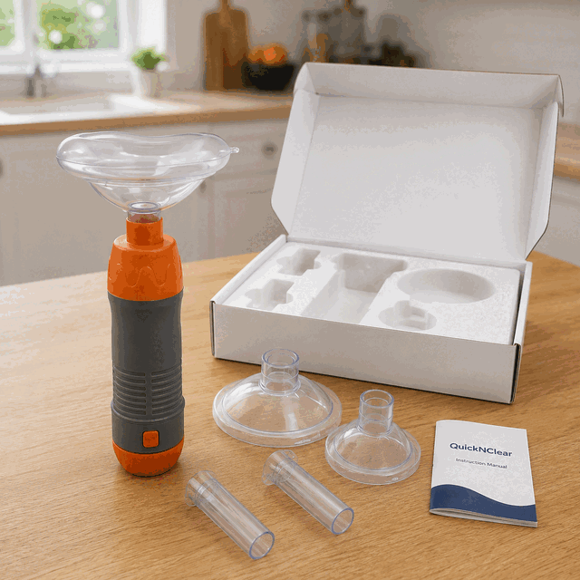 QuickNClear kit with device, masks, tubes, and instruction manual